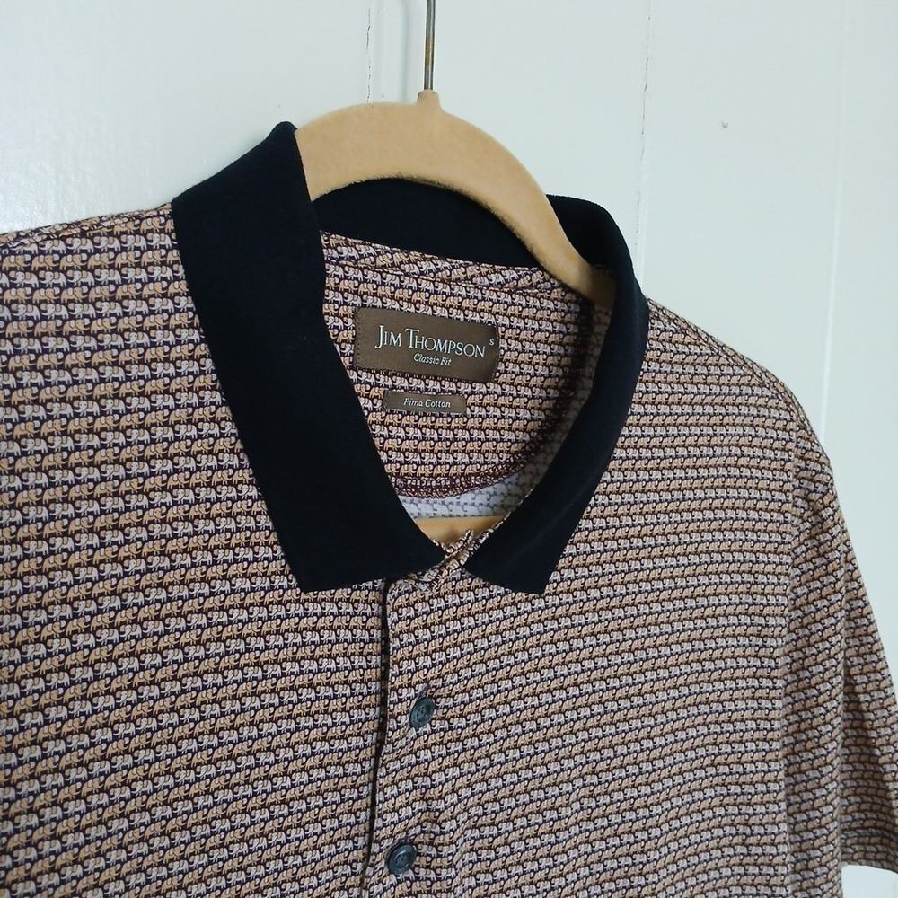 Vintage 90s Jim Thompson Shirt Elephant Micro Print Polo Men's Small Pima Cotton
